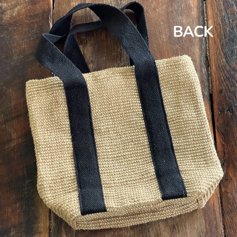 Wacoal Tan Woven Jute Cotton Tote Bag & Detachable Wristlet Double Black Straps - Picture 8 of 14